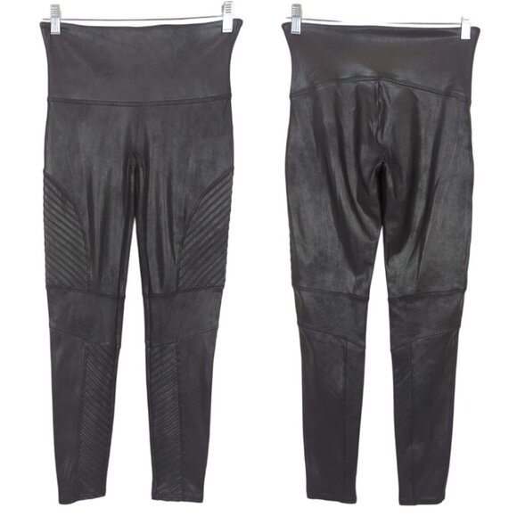 Spanx Faux Leather Moto Black Leggings Size Large Edgy Pull on - Picture 1 of 16